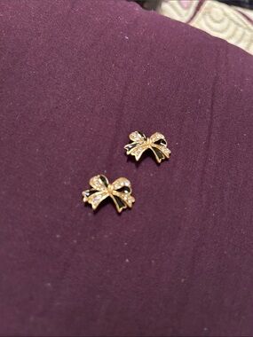 Gold Bow Stud Earrings with Crystal Accents